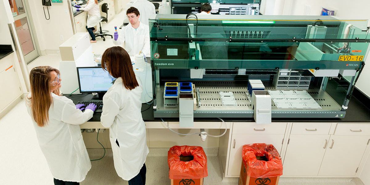 top down image of a people working in a lab