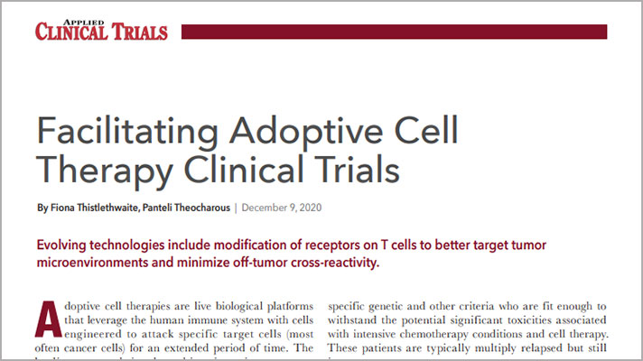 Applied Clinical Trials Article: Facilitating Adoptive Cell Therapy Clinical Trials