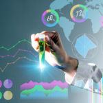 Biotech laboratory scientist holding vial, surrounded by digital numbers and graphs