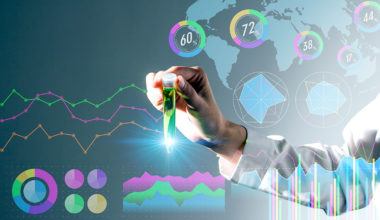 Biotech laboratory scientist holding vial, surrounded by digital numbers and graphs