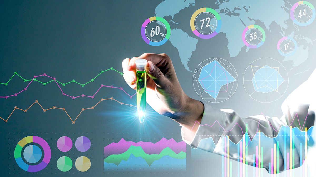 Biotech laboratory scientist holding vial, surrounded by digital numbers and graphs