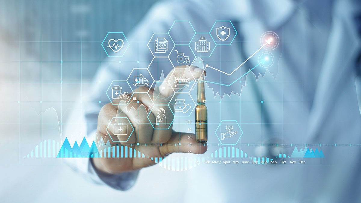 Doctor holding drug with graph data and numbers indicating financial shifts overlaid in front