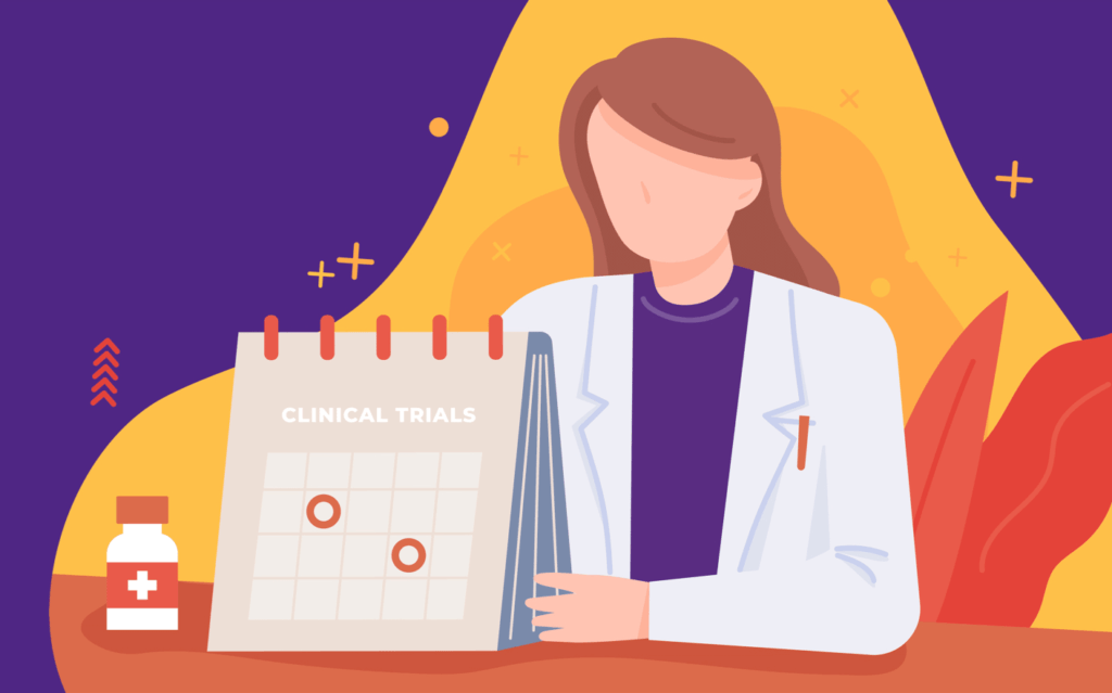 An illustration depicting a medical professional with a calendar of clinical trial dates circled.