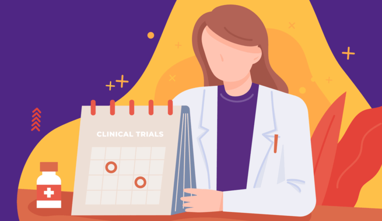 An illustration depicting a medical professional with a calendar of clinical trial dates circled.