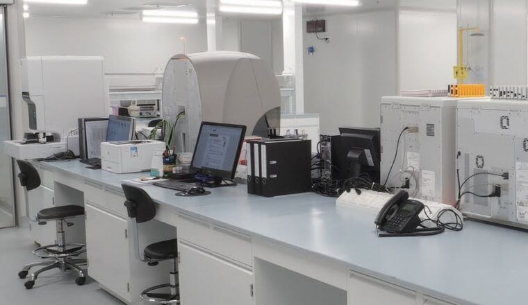 A photo of a central lab with desks, chairs, computers, and lab equipment.