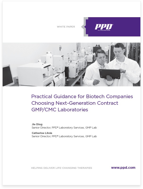 Practical guidance for biotech companies choosing next-generation contract GMP/CMC laboratories white paper cover.