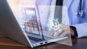 AI digital overlays on a doctor typing on a laptop