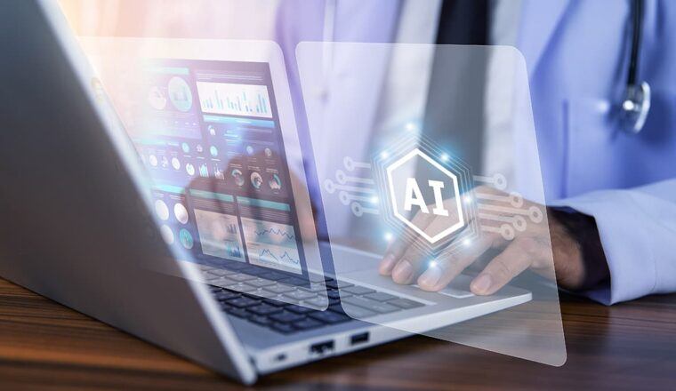 AI digital overlays on a doctor typing on a laptop
