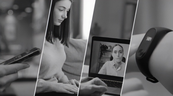 Four panels of images: person using a smart phone, a laptop, teleconferencing, and wearing smartwatch.