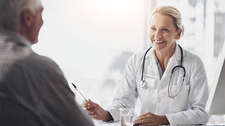 Psychiatric expert speaks to a clinical trial recruit