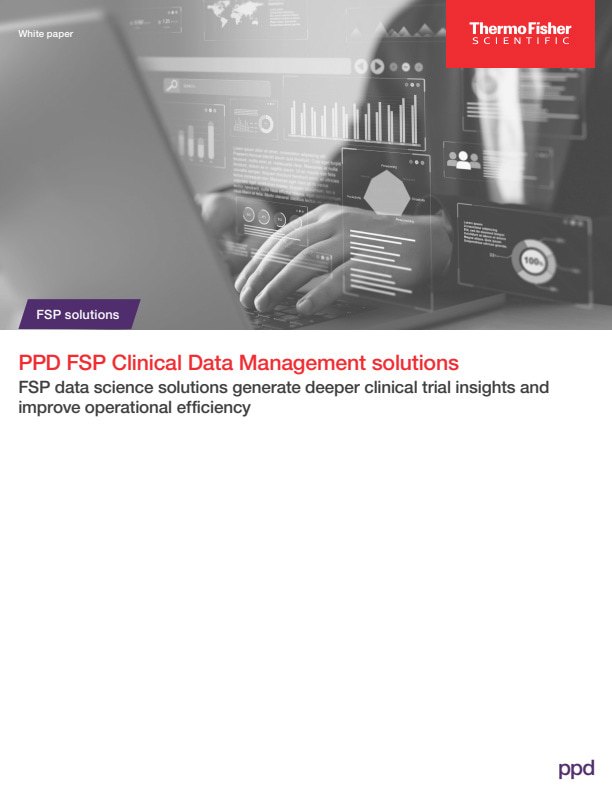 Title page of the white paper, "PPD FSP Clinical Data Management solutions. FSP data science solutions generate deeper clinical trial insights and improve operational efficiency."