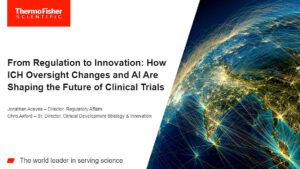 Webinar title screen, "How ICH Oversight Changes and AI Are Shaping Clinical Trials"