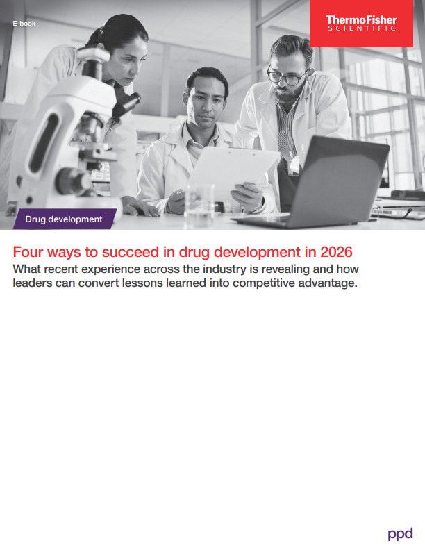 Title page of the e-book, "Four ways to succeed in drug development in 2026"