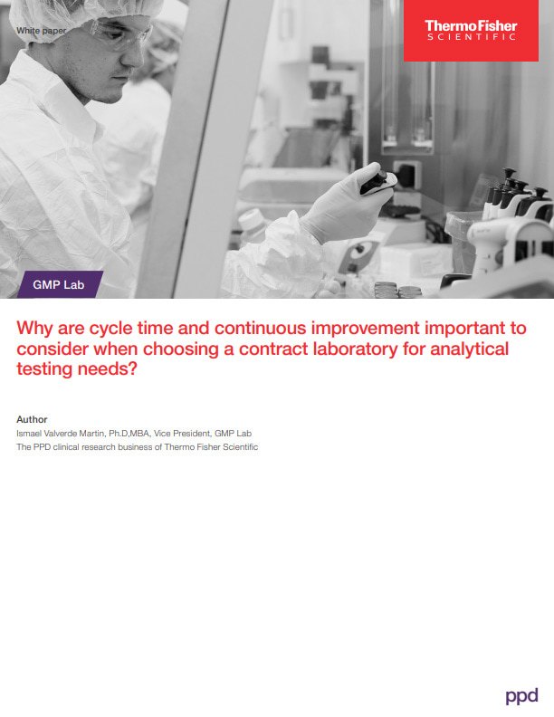 White paper title page of a lab assistant with the text, "Why are cycle time and continuous improvement important to consider when choosing a contract laboratory for analytical testing needs?"