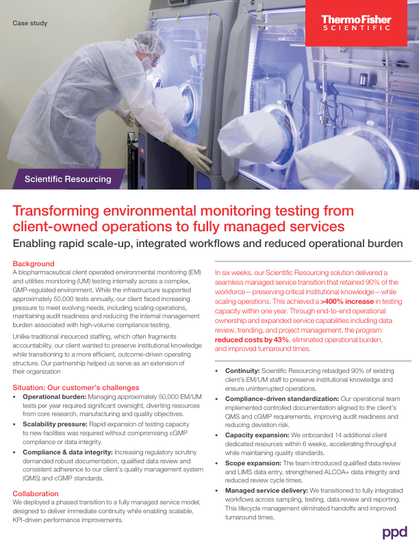 Title page of the case study, "Transforming environmental monitoring testing from client-owned operations to fully managed services"