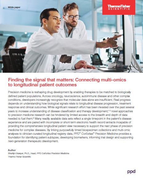 Title page of the white paper, "Finding the signal that matters: Connecting multi-omics to longitudinal patient outcomes"