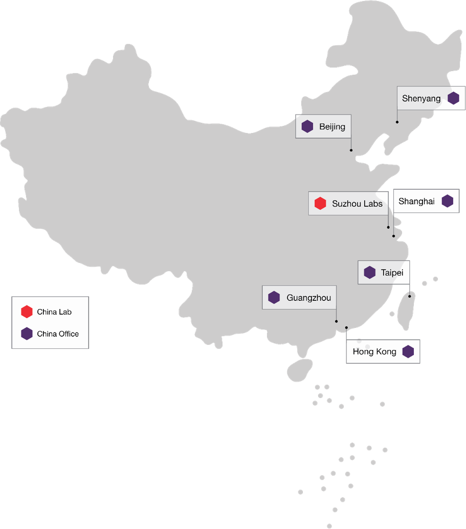 Map of Greater China. There are six PPD Offices shown in Shenyang, Beijing, Shanghai, Guangzhou, Hong Kong, and Taipei. There is one PPD Lab shown for Suzhou.